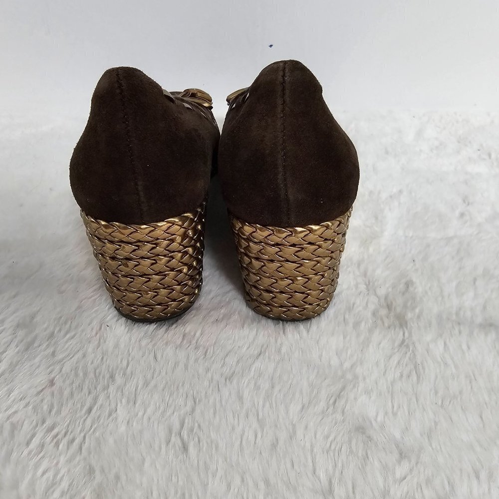 Lauren Ralph Lauren Cambree Chocolate Suede Gold Metallic Wedge Shoes Size 7 - Picture 10 of 16